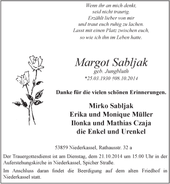 Anzeige von Margot Sabljak von  Extra Blatt 