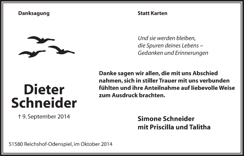  Traueranzeige für Dieter Schneider vom 15.10.2014 aus  Lokalanzeiger 