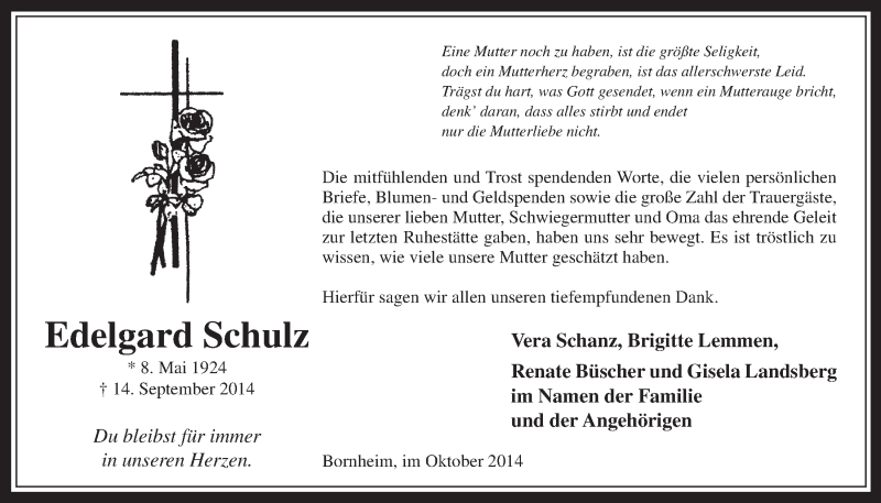  Traueranzeige für Edelgard Schulz vom 22.10.2014 aus  Schaufenster/Blickpunkt 