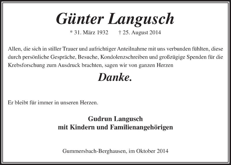  Traueranzeige für Günter Langusch vom 15.10.2014 aus  Anzeigen Echo 