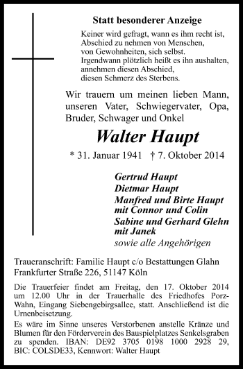 Anzeige von Walter Haupt von  Kölner Wochenspiegel 