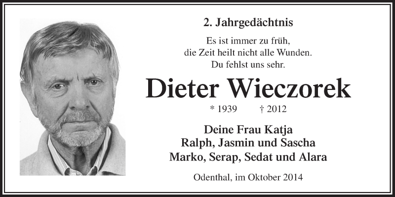  Traueranzeige für Dieter Wieczorek vom 15.10.2014 aus  Bergisches Handelsblatt 