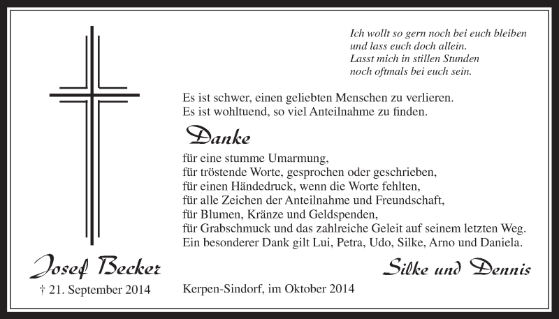  Traueranzeige für Josef Becker vom 15.10.2014 aus  Werbepost 