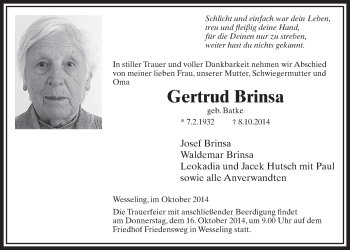 Anzeige von Gertrud Brinsa von  Schlossbote/Werbekurier 