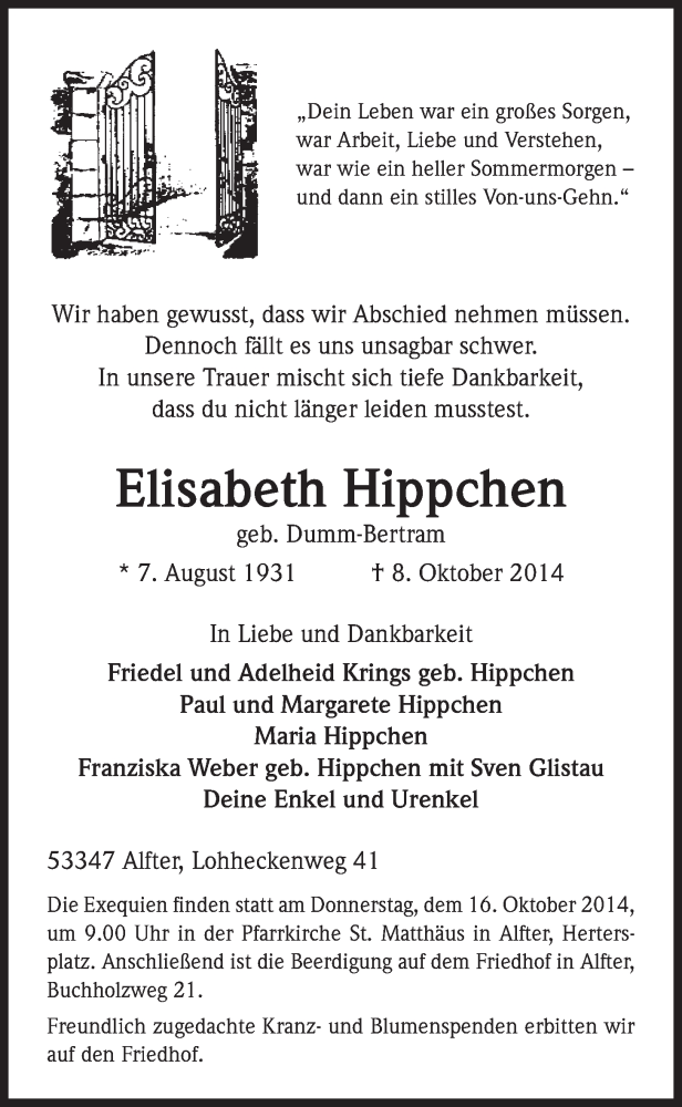  Traueranzeige für Elisabeth Hippchen vom 15.10.2014 aus  Schaufenster/Blickpunkt 