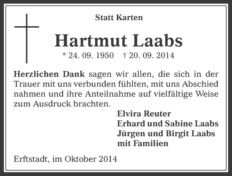  Traueranzeige für Hartmut Laabs vom 15.10.2014 aus  Werbepost 
