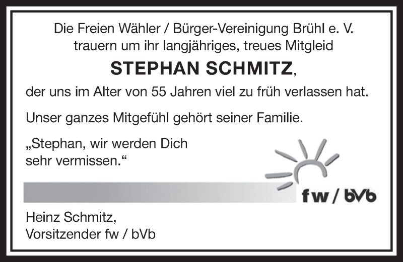  Traueranzeige für Stephan Schmitz vom 15.10.2014 aus  Schlossbote/Werbekurier 