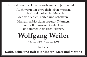 Anzeige von Wolfgang Weiler von  Anzeigen Echo 