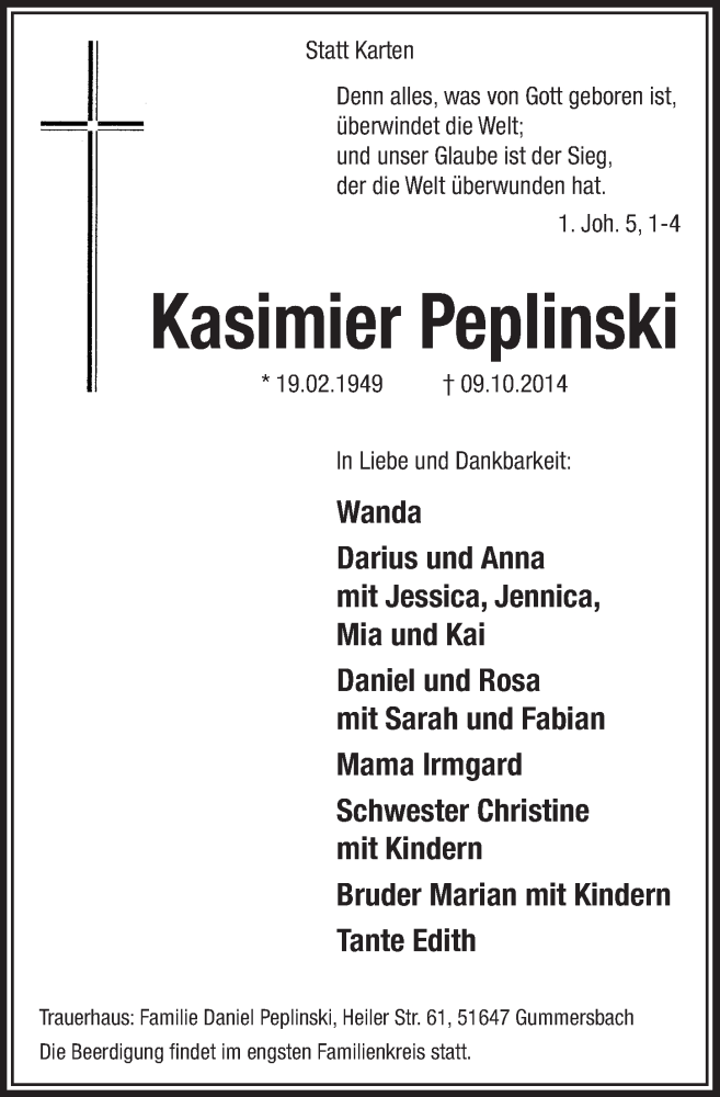  Traueranzeige für Kasimier Peplinski vom 15.10.2014 aus  Anzeigen Echo 