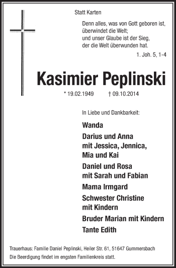 Anzeige von Kasimier Peplinski von  Anzeigen Echo 