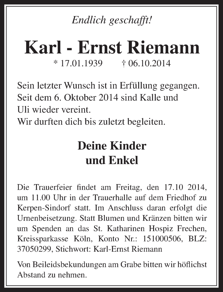 Traueranzeige für Karl-Ernst Riemann vom 15.10.2014 aus  Werbepost 