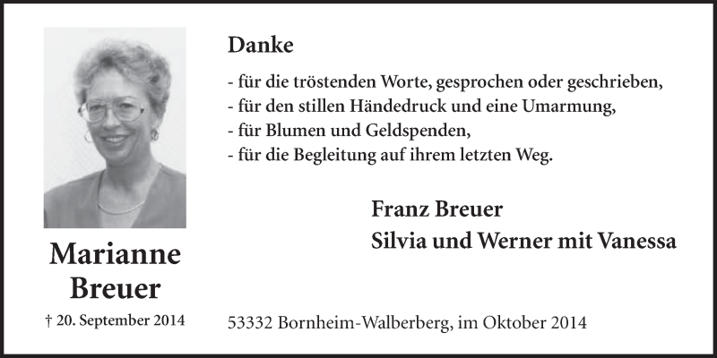  Traueranzeige für Marianne Breuer vom 15.10.2014 aus  Schlossbote/Werbekurier 