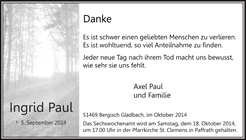  Traueranzeige für Ingrid Pau vom 15.10.2014 aus  Bergisches Handelsblatt 