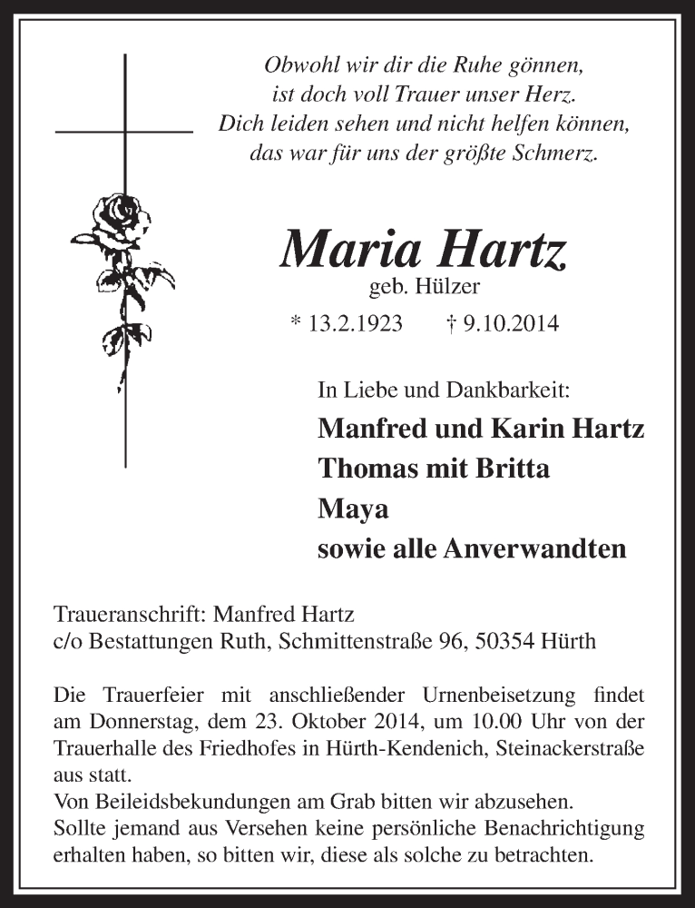  Traueranzeige für Maria Hartz vom 15.10.2014 aus  Wochenende 