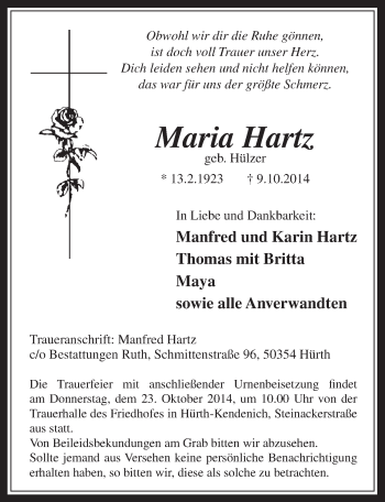 Anzeige von Maria Hartz von  Wochenende 