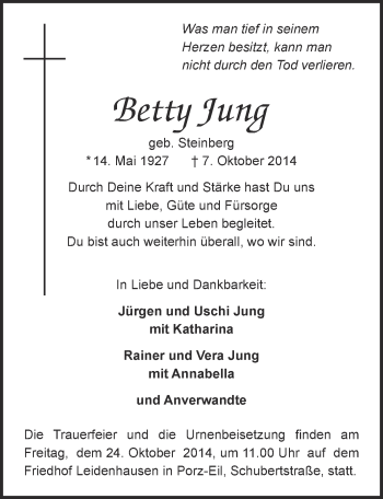 Anzeige von Betty Jung von  Kölner Wochenspiegel 