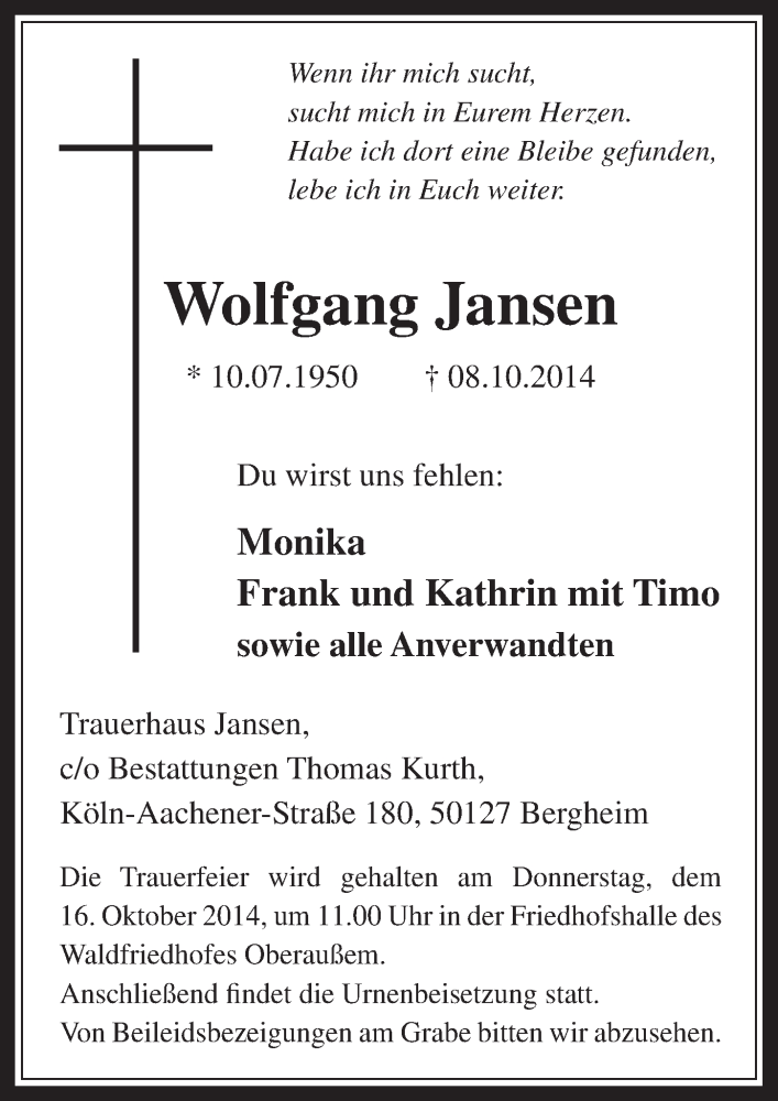  Traueranzeige für Wolfgang Jansen vom 15.10.2014 aus  Werbepost 