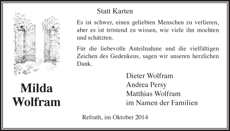  Traueranzeige für Milda Wolfram vom 15.10.2014 aus  Bergisches Handelsblatt 
