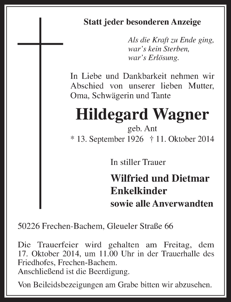  Traueranzeige für Hildegard Wagner vom 15.10.2014 aus  Wochenende 