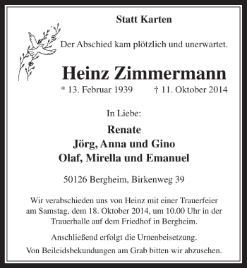 Anzeige von Heinz Zimmermann von  Werbepost 