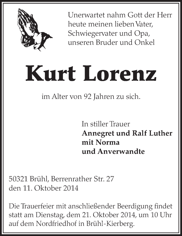  Traueranzeige für Kurt Lorenz vom 15.10.2014 aus  Schlossbote/Werbekurier 