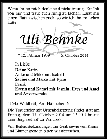 Anzeige von Uli Behnke von  Lokalanzeiger 