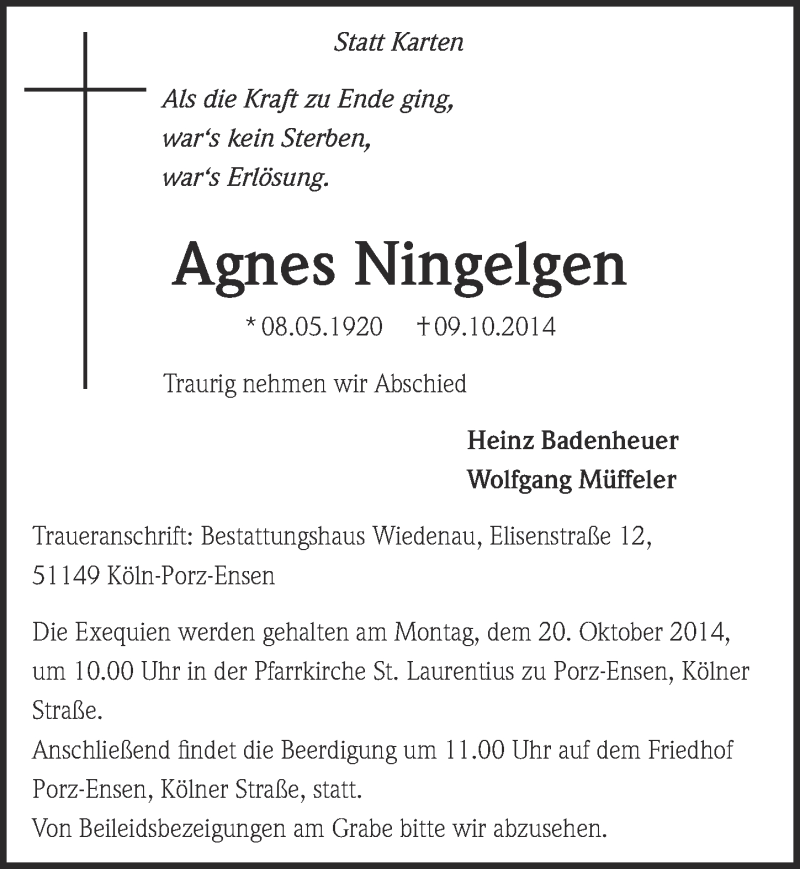  Traueranzeige für Agnes Ningelgen vom 15.10.2014 aus  Kölner Wochenspiegel 