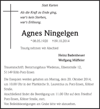 Anzeige von Agnes Ningelgen von  Kölner Wochenspiegel 