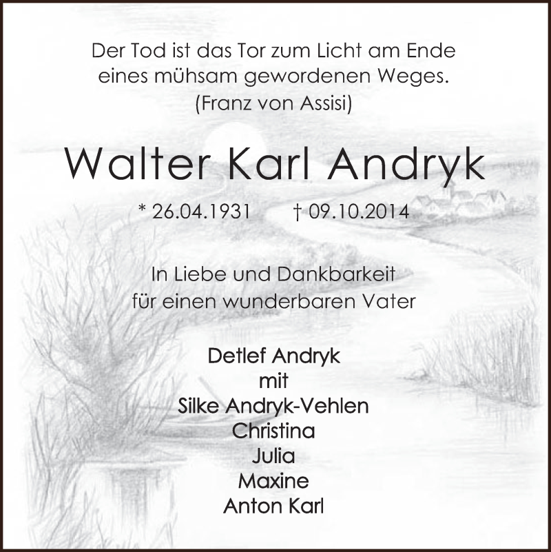 Traueranzeige für Walter Karl Andryk vom 15.10.2014 aus  Schlossbote/Werbekurier 
