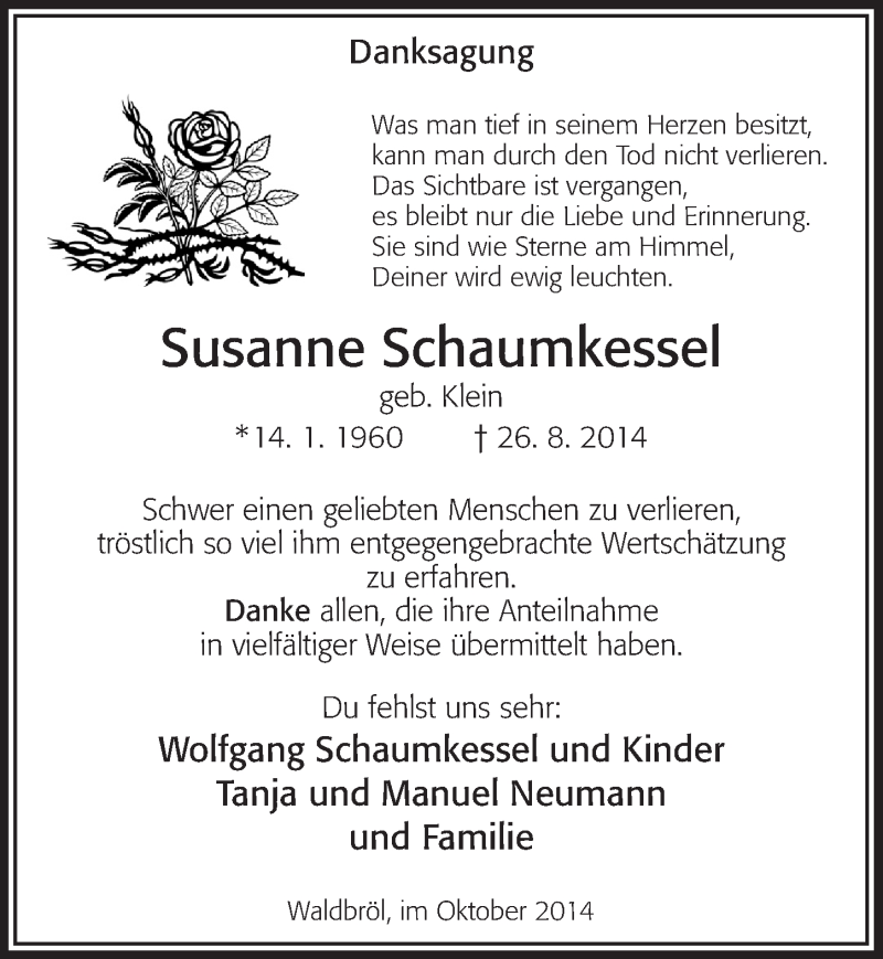  Traueranzeige für Susanne Schaumkessel vom 15.10.2014 aus  Lokalanzeiger 