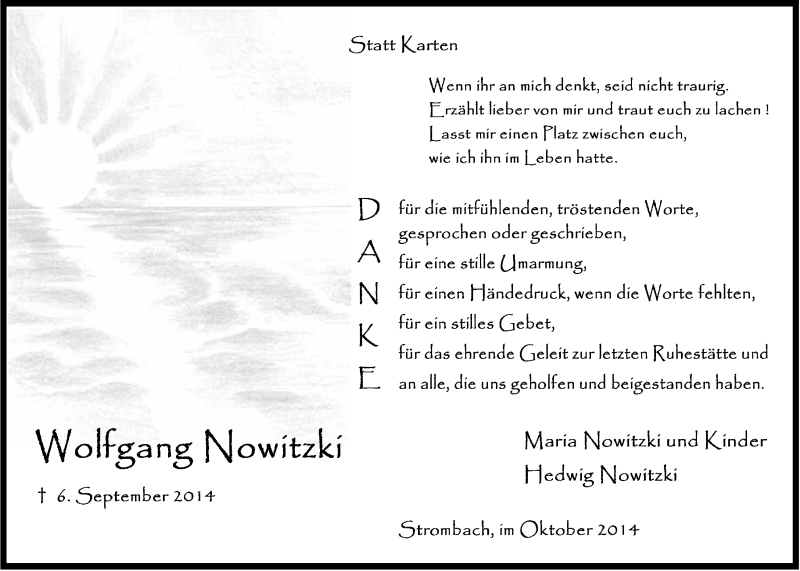  Traueranzeige für Wolfgang Nowitzki vom 15.10.2014 aus  Anzeigen Echo 