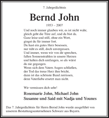 Anzeige von Bernd John von  Bergisches Handelsblatt 