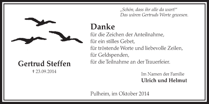  Traueranzeige für Gertrud Steffen vom 18.10.2014 aus  Sonntags-Post 