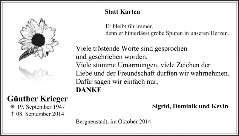  Traueranzeige für Günther Krieger vom 22.10.2014 aus  Anzeigen Echo 