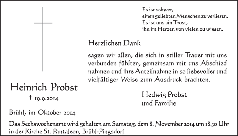  Traueranzeige für Heinrich Probst vom 29.10.2014 aus  Schlossbote/Werbekurier 