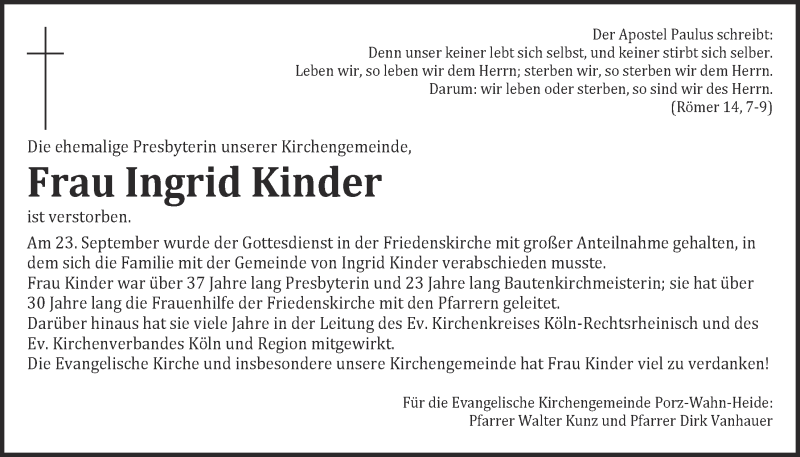 Traueranzeige für Ingrid Kinder vom 22.10.2014 aus  Kölner Wochenspiegel 