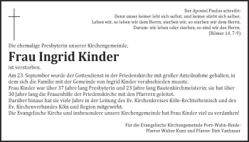 Anzeige von Ingrid Kinder von  Kölner Wochenspiegel 