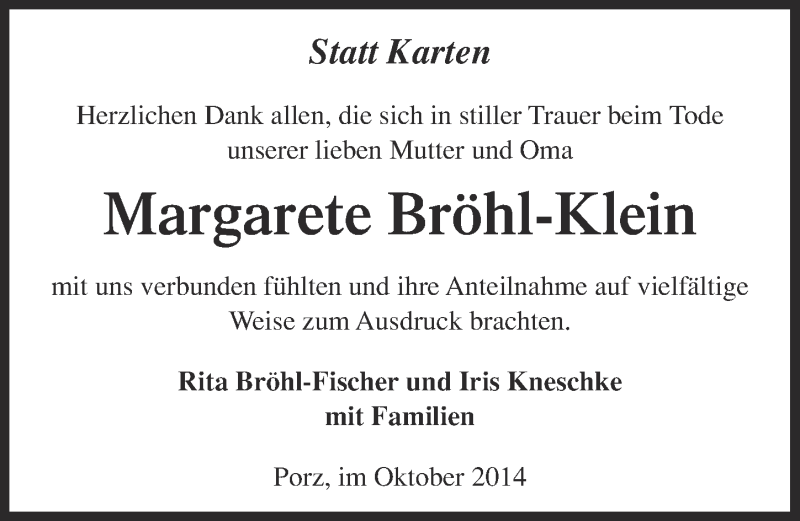  Traueranzeige für Margarete Bröhl-Klein vom 22.10.2014 aus  Kölner Wochenspiegel 