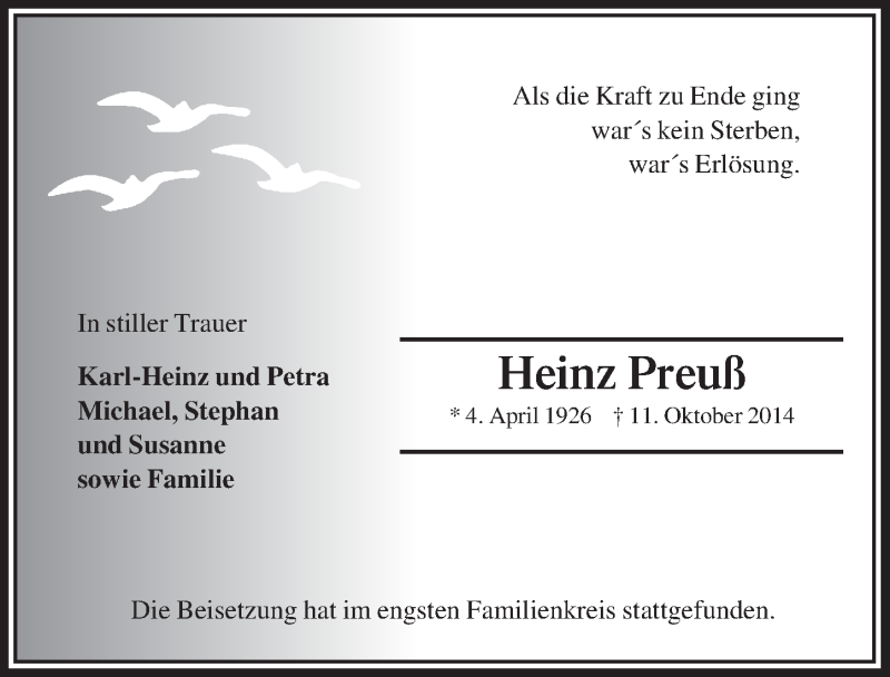  Traueranzeige für Heinz Preuß vom 29.10.2014 aus  Bergisches Handelsblatt 