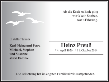 Anzeige von Heinz Preuß von  Bergisches Handelsblatt 