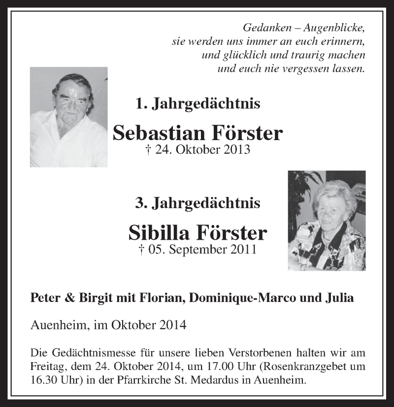  Traueranzeige für Sebastian und Sibilla Förster vom 22.10.2014 aus  Werbepost 