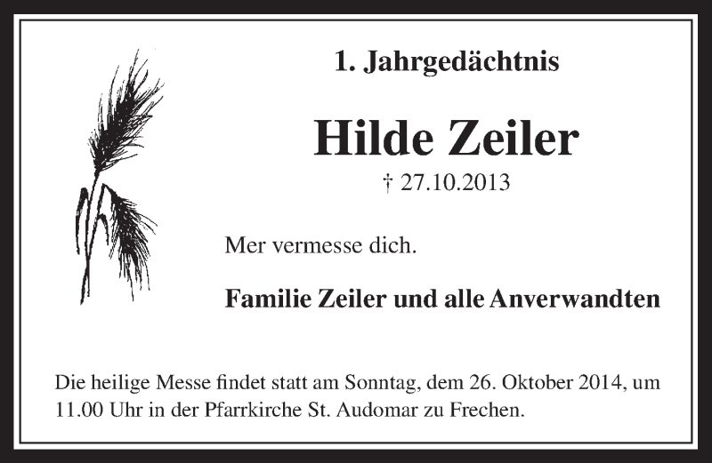  Traueranzeige für Hilde Zeiler vom 22.10.2014 aus  Wochenende 