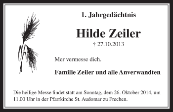 Anzeige von Hilde Zeiler von  Wochenende 