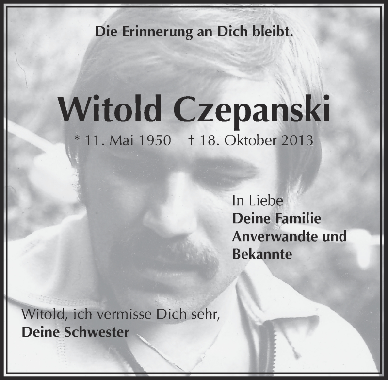  Traueranzeige für Witold Czepanski vom 22.10.2014 aus  Lokale Informationen 