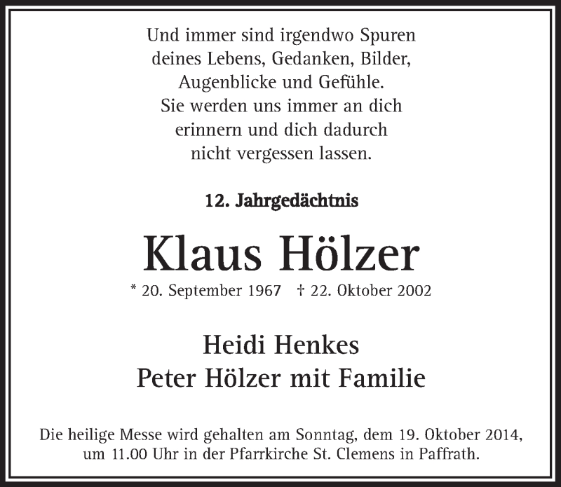  Traueranzeige für Klaus Hölzer vom 18.10.2014 aus  Bergisches Sonntagsblatt 