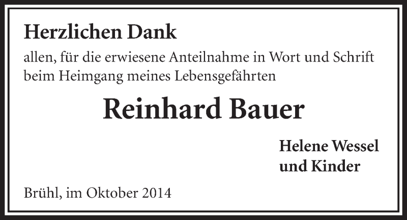  Traueranzeige für Reinhard Bauer vom 22.10.2014 aus  Schlossbote/Werbekurier 