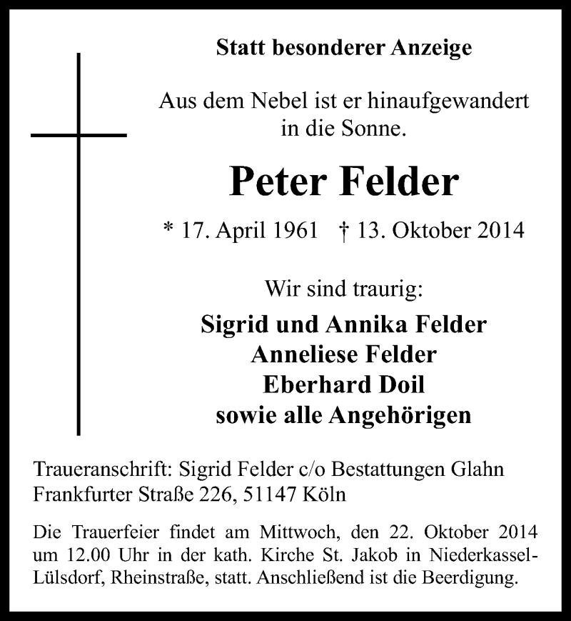 Traueranzeige für Peter Felder vom 18.10.2014 aus  Rhein-Sieg-Wochenende 