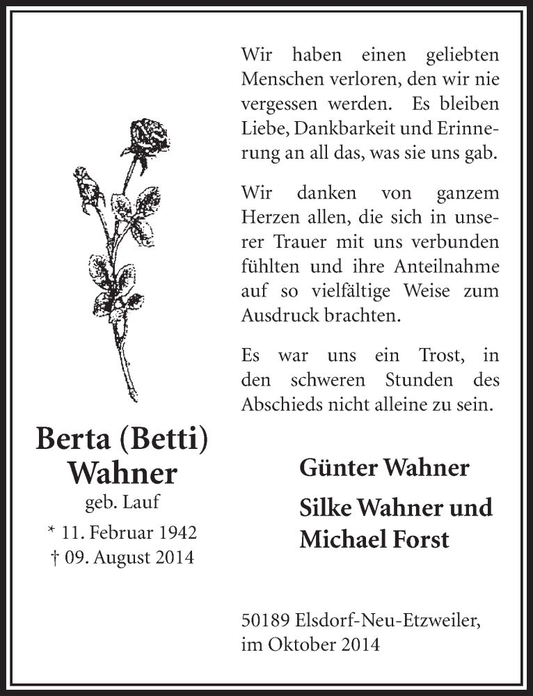  Traueranzeige für Berta Wahner vom 18.10.2014 aus  Sonntags-Post 