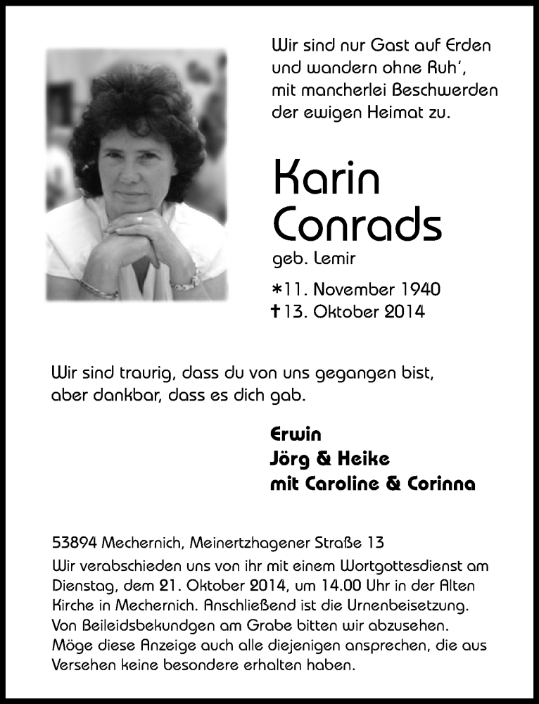  Traueranzeige für Karin Conrads vom 19.10.2014 aus  Blickpunkt Euskirchen 