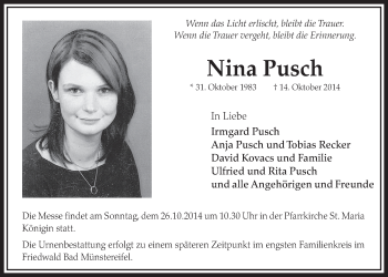 Anzeige von Nina Pusch von  Sonntags-Post 